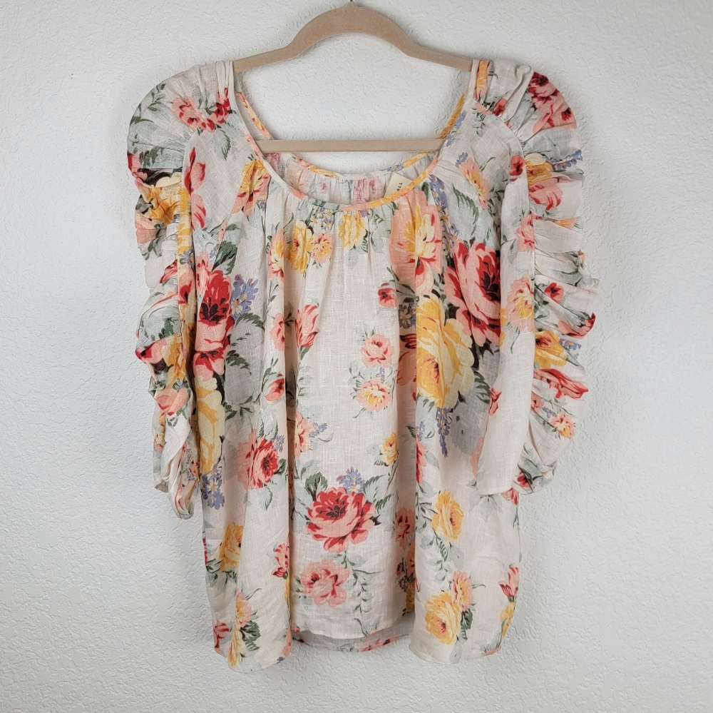 Loeffler Randall Cream Floral Ruffle Sleeve Top